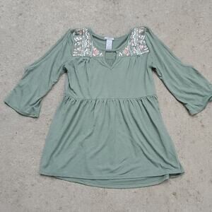 New Directions cold shoulder embroidered top olive green small